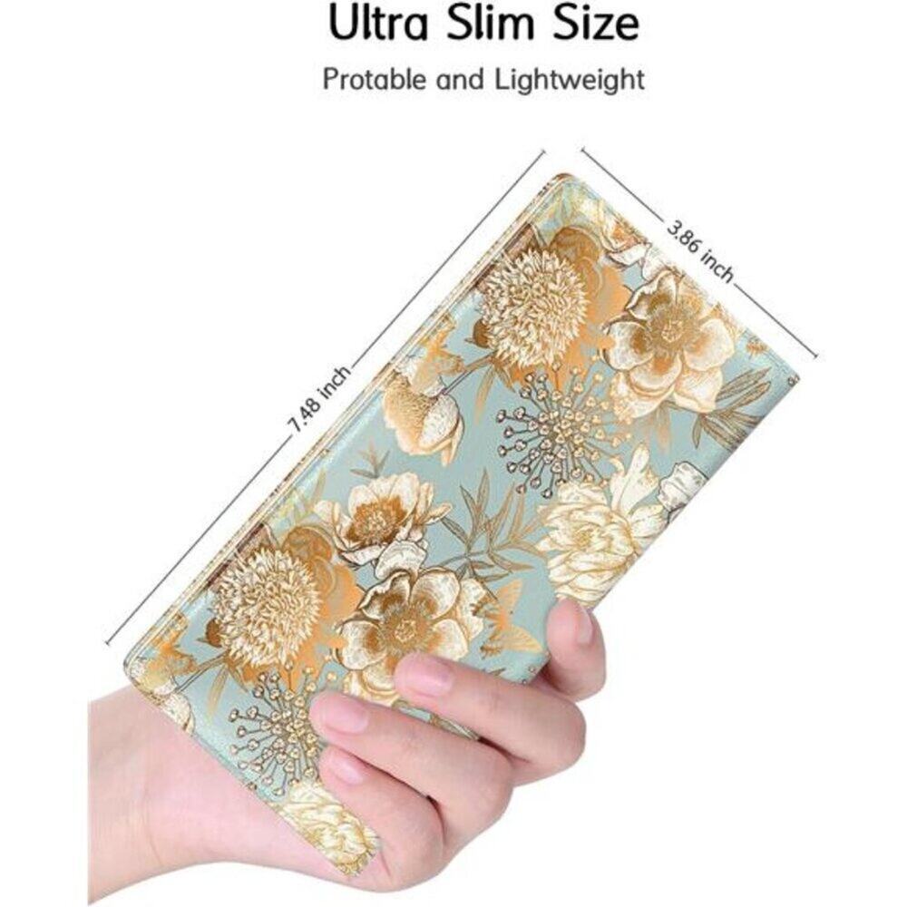 Women's Wallet, RFID Slim Wallets for women's Blue and Gold Flowers Desing - Picture 2 of 7